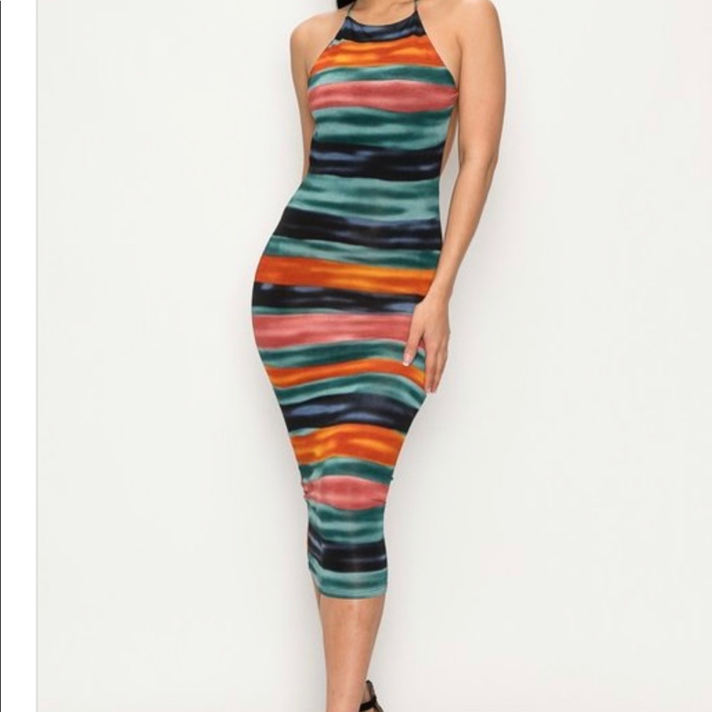 ‼️Multi Color Stripe Open Back Midi Dress Knot X - Picture 3 of 4